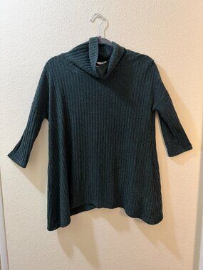 Ribbed Cowl Neck Knit Top Dark Green Size S